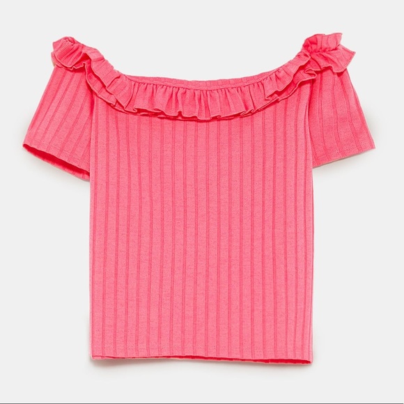 Barbie pink off-the-shoulder ribbed ruffled top - Picture 8 of 8